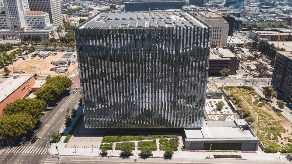 An aerial view of the United States Courthouse in downtown Los Angeles